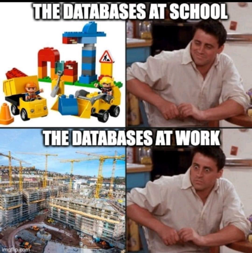 THE DATABASES AT SCHOOL (LEGO toys) THE DATABASES AT WORK (skyscrapers and cranes)
