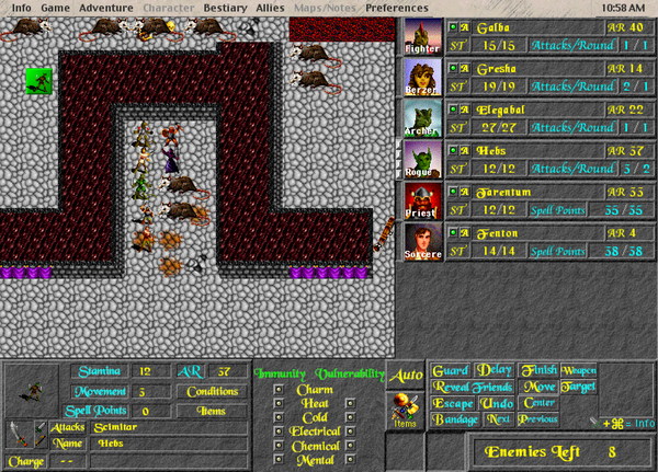 A screenshot of the game Realmz for the Macintosh, showing a horrifyingly complex UI wrapped around a tile-based map.