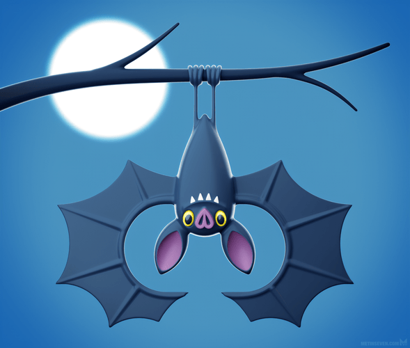 3D rendering of a friendly, cartoon-style 3D bat character, hanging from a branch with the moon in the background.