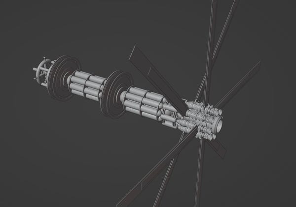 A 3D render of an interstellar spaceship. Or some of it, I haven’t finished it yet. A big engine cluster at one end, and then along a central axis, clusters of fuel tanks. Cooling fins radiate out from the engine section.