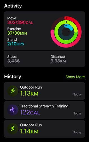 Apple Fitness screenshot showing today’s workouts. Warmup run, strength training, cooldown run