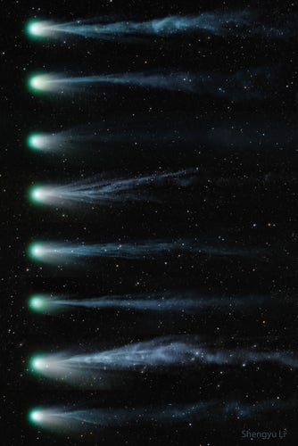 Group of images showing variation in the tail of a comet.