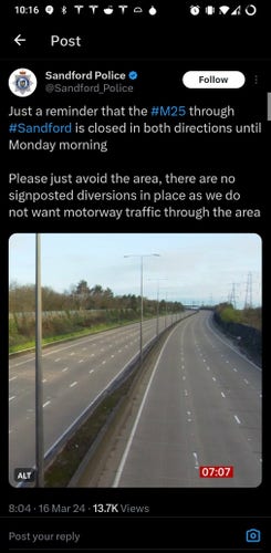 Picture from Sanford Police showing an empty M25 motorway with a tagline basically saying "We don't want your traffic so we're not helping by putting up diversion signs, you're on your own."