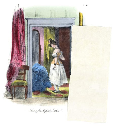 A woman is seen undressing in her bedroom from the doorway. This picture shows the second state of a flap-up illustrations