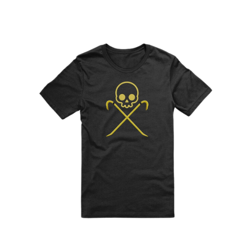 A t-shirt with a skull and crossbones style logo in yellow, but the bones are crowbars.