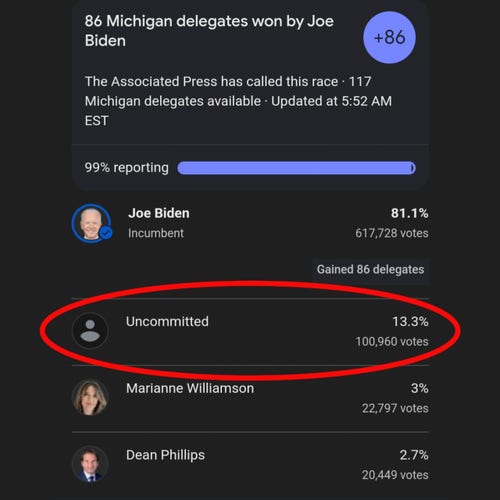 100,960 votes for "uncommitted" in the 2024 Michigan Democrat primary. 13.3% of votes cast. 