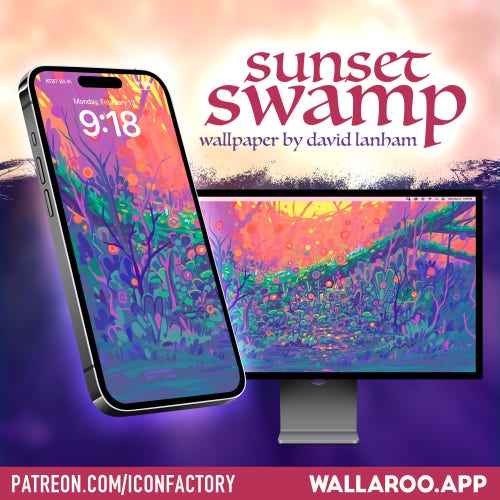 An iPhone, and Mac monitor with a flowing organic illustration of a lush green swamp with the warm orange glow of a sunset in the background