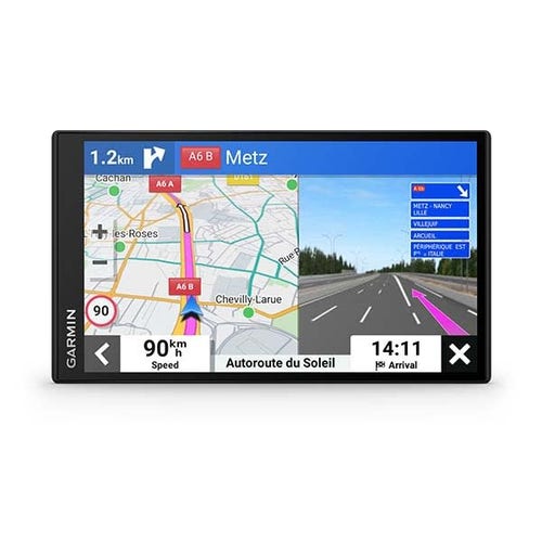 Product photo of the satnav, as used on the Garmin website. The photo shows the satnav in split-screen mode, with map and directions on the left, and lane information on the right.