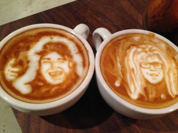 #Wayne and #Garth as cream art caricatures floating on top of a couple of cups of espresso

The Garth (Dana Carvey) cup looks pretty good but The Wayne cup looks more like #Meatloaf than Michael Meyers.

#tallship #waynes_world

⛵

.