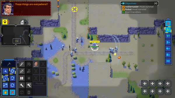 🕶️ A view of his IU, with the entire screen showing the game zone - a top-down view of a combat zone with robots battling it out on a desolate wasteland, bottom left with the control interface, above that a mini-map, above that a message from a man saying "Those things are everywhere!...", to the right a console (with various buttons to pause or speed up the game).

📚️ Retro Commander is a single-player / multi-player (co-op, LAN/online) post-apocalyptic real time wargame (RTS). In a world where a cataclysm has occurred on Mother Earth, the player faces the AI in solo (skirmishes and comic based story campaign), or in multi and co-op (other players / AI) to face other players in multi-platform matches with multiple objectives (elimination, survival, CTF, defense, battle royale) involving different factions (with their own technologies) and an arsenal of vehicles (tanks, jets, helicopters, airships, ships, submarines, ...). Games are analyzed (statistics) and players have an ELO rating. The game focuses on a fun single player game and an exciting multiplayer experience.