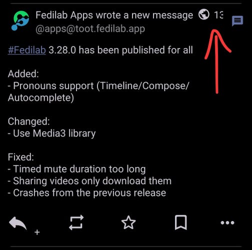A Mastodon notification as shown on Fedilab. A red arrow points towards the notification time, which is partially cropped and cannot be fully read.