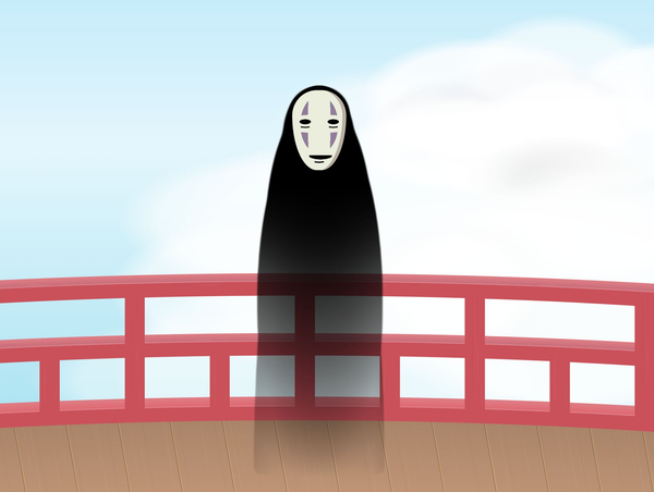 Drawing of No-Face (a monster from the movie Spirited away, with a semitransparent cloak and a smiling mask) standing on a bridge with clouds in the background.