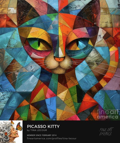 This is a digital painting of a colorful geometric cat in the style of picasso. 