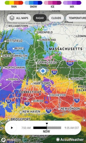 A weather map with a rainbow of colors, a la pride flag.