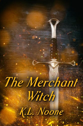 Cover - The Merchant Witch by K.L. Noone - a sword hilt surrounded by orange sparks and magic