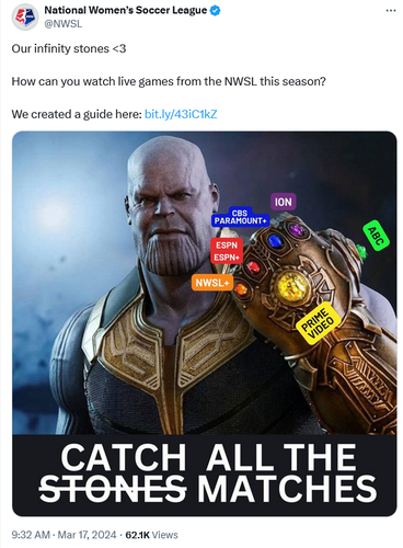 Screenshot of a tweet from @NWSL which features them comparing the many services for streaming coverage to Thanos and the power stones.