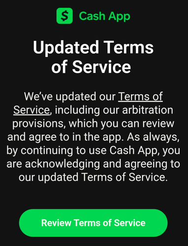 email from Cash App saying "we've updated our terms of service, including the arbitration provisions"