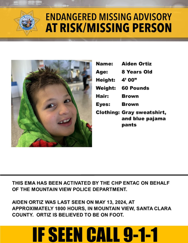 Missing person

Aiden Ortiz
8 years old
4 feet high
60 pounds
brown hair
brown eyes
wearing gray sweatshirt and blue pajama pants
Believed to be on foot... missing since May 13th at 1800 (on foot).