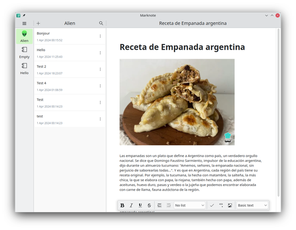 Screenshot of KDE's new Marknote notetaking app showing a recipe of deliciously juicy empanadas argentinas!

Yummy!