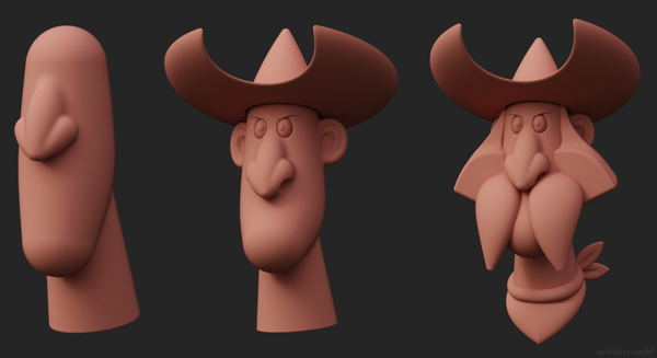 Three construction stages of a cartoon-style 3D cowboy head.