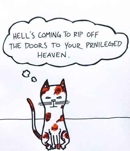 a white brown and orange calico cat sits and thinks "hell's coming to rip off the doors to your privileged heaven."