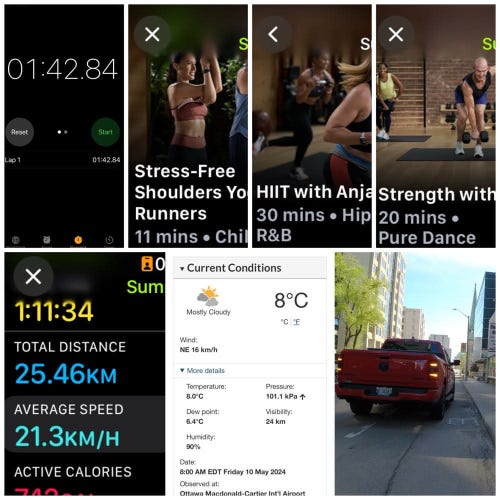 iOS screenshots and a photo:
1) Timer app showing 1:42.84

2) Apple Fitness Stress-free shoulders yoga for runners, 11 minutes

3) Apple Fitness HIIT with Anja, 30 minutes

4) Apple Fitness Strength with Gregg, 20 minutes

5) Apple Fitness Cycling Details
Total Time: 1:11:34
Total Distance: 25.46 KM
Average speed: 21.3 KM/hr

6) Environment Canada site showing 8°C and 16 km/hr wind

7) Big red pickup truck mostly blocking the cycling lane with its hazard lights on. 