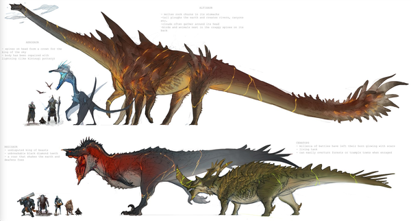 Artist sketch of dinosaur-like monsters.