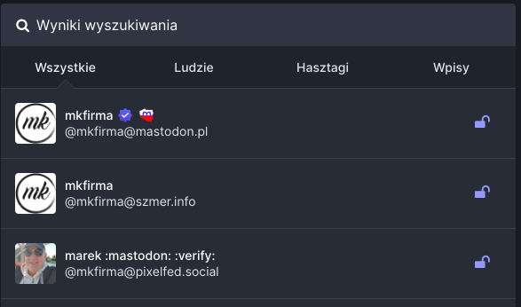 Screen z wyników wyszukiwania profilu służącego do trollowania mkfirma. Tylko 3 wyniki: mastodon.pl, szmer.info i pixelfed.social