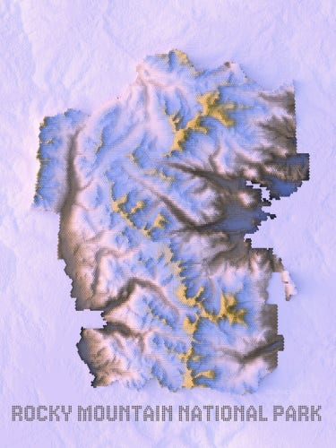 A visualisation of Rocky Mountain National Park's relief as hexagons