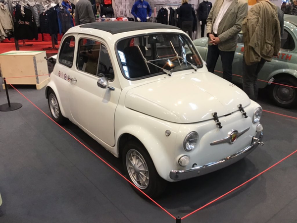 White Fiat 500  “upgraded with the Abarth Classiche 595 Engine Tuning Kit”, front quarter view