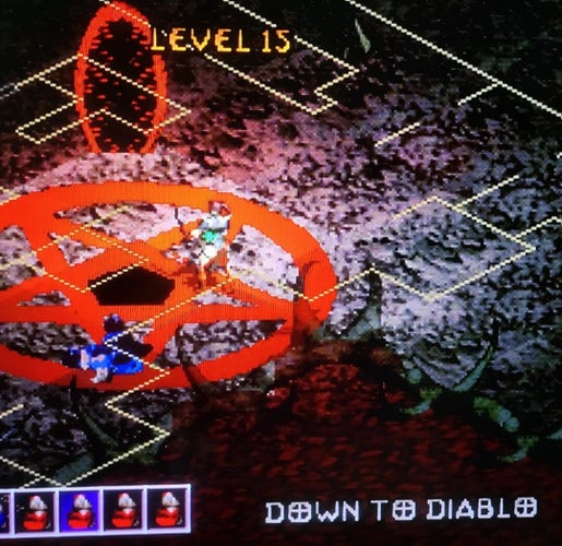 The red portal and huge red inverted pentagram on the ground at level 15 of Diablo. Right after you beat Lazarus, as it says on bottom right, "down to Diablo".
