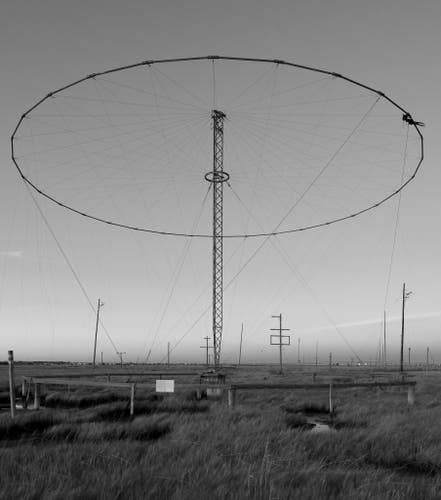 A vertical metal mast with a large ring at the top, supported by wires, in a marsh.