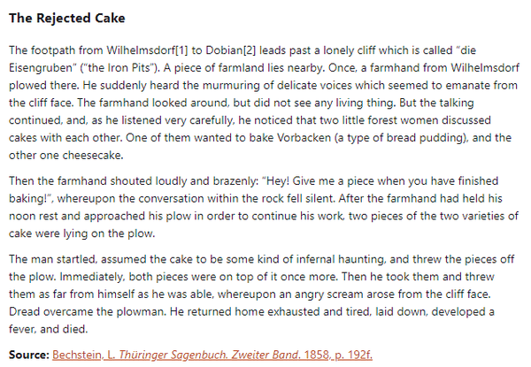German folk tale "The Rejected Cake". Drop me a line if you want a machine-readable transcript!