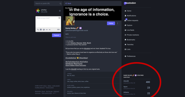 Screenshot of Mastodon profile with featured hashtags highlighted.