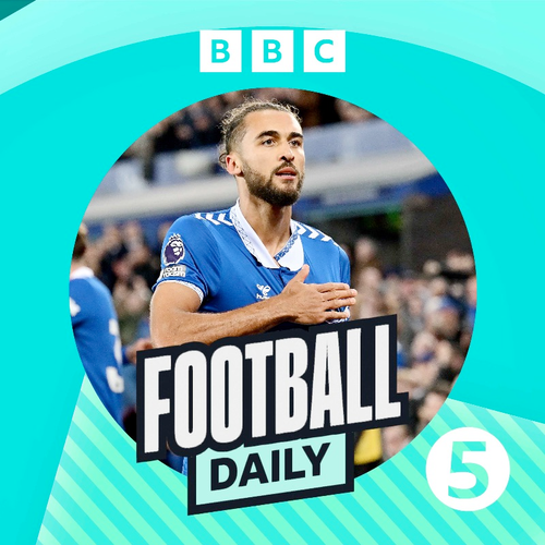 Graphic using pale blue and blue-green arcs, circles and stripes promoting the BBC Football Daily podcast. In the centre Dominic Calvert-Lewin celebrates a goal against Liverpool by slapping his heart