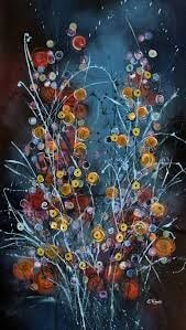 Creative painting of a group of dark red and yellow flowers with many thin white branches, to a backgroud coloured in various shades of blue, with a touch of dark red on the left.