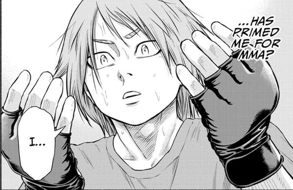 Black and white manga screenshot from Martial Master Asumi, Chapter 3. Image of a teenage boy with light colored hair in a t-shirt wearing fingerless gloves holding his hands up. He is very sweaty. Text on the side of the screen read, "...Has primed me for MMA"