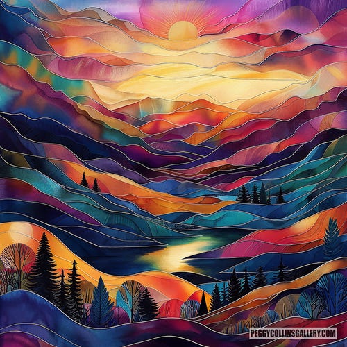Colorful artwork of the sun dawning in a valley of mountains, rolling hills and a lake, by artist Peggy Collins.
