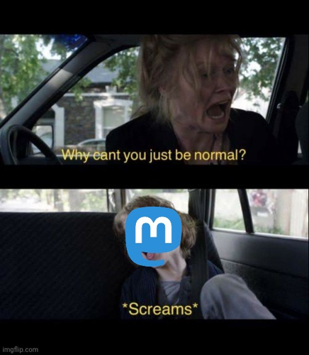 Scene from the movie "The Babadook" where the mother says "why can't you just be normal!?" to her autistic son in the back seat of her car. The child simply screams in terror or frustration. The child's face is a Mastodon logo.
