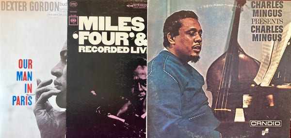 Three album covers - Our Man in Paris by Dexter Gordon; Four and More Live by Miles Davis; Charles Mingus Presents Charles Mingus 