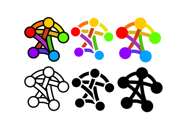 6 variations of an alternative fediverse logo. It is similar to the commonly used pentagram logo, except the lines connecting the nodes/circles don't form a pentagram, instead they...kind of look like a person?

The variations change the thickness/presence of lines/outlines, and three of the logos are either black, or white with a black outline.