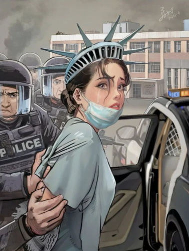 a girl dressed as a statue of liberty being being arrested by militarized police for protesting against genocide in Gaza