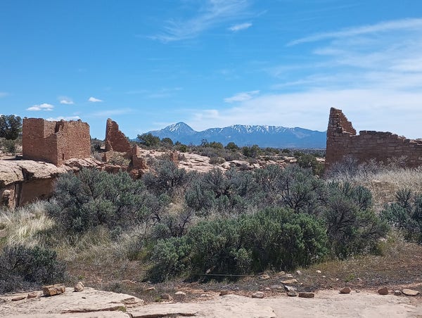 Color photo of ruins on the edge of a canyon. In the middle is a large mass of low growing scrub brush. On the left is a rectangular roofless structure made of natural red-brown sandstone bricks and on the right is a similar structure. Both are highly eroded due to them being about 800 years old. In the background is a mountain range. The sky is blue with wispy clouds.
