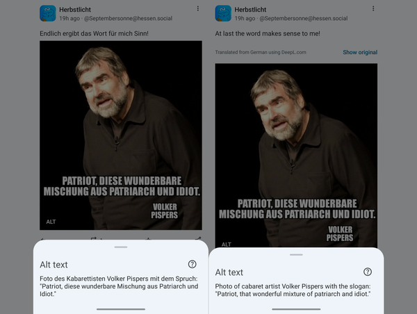 A comparison of a post in German containing an image with text, and an English translation of the same post next to it.

Both the text of the post is translated as well as the text in the image, as it was added in the alt text.