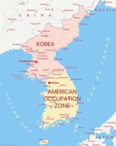 map showing Korea labelled as Korea in the north and American occupation zone in the south