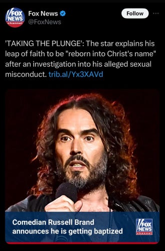 Fox "News" headline about Russell Brand becoming a born-again