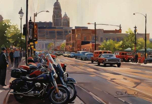 Digitally painted image from a photograph of classic motorcycles lined up on a sun-drenched Milwaukee street with vintage cars and iconic architecture. Image at:  https://beautifulsunphotography.com/featured/retro-rides-and-vibes-deb-beausoleil.html See more art & blog at: https://beautifulsunphotography.com/ https://debbeautifulsunphotography.com/ https://www.zazzle.com/store/beautifulsun_designs https://debbeausoleil.com