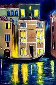 Rather shiny painting of a scenery in Venice at night time. In the foreground is a dark blue canal, with the yellow light coming out of the windows of the large houses in the background, reflected in it. The houses are coloured light brown, dark pink and light and dark green. The sky is dark blue. 