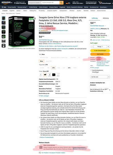 Screenshot einer Amazon.de-Produktseite für eine Xbox-Festplatte von Seagate.