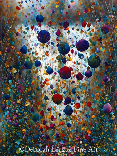 Celebration is a visual delight of color and texture. Orbs resembling flowers in many colors, float into the heavens from below. What started out as a photograph of Christmas balls hanging in the Acacia hallway at Longwood Gardens, 2023, has been turned into a vibrant floral celebration or what could be described as a modified ticker-tape parade.
